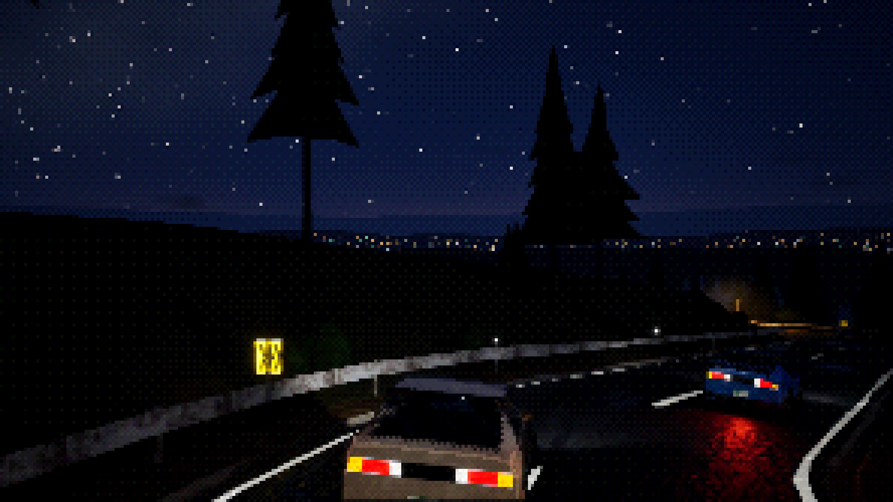 Chasing a blue rival car through a corner, its tail lamps reflected red on the wet road