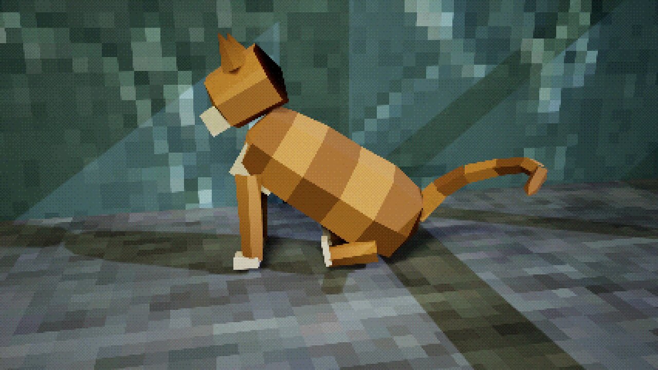 Tora, a low-poly ginger tabby, sitting up on the garage floor