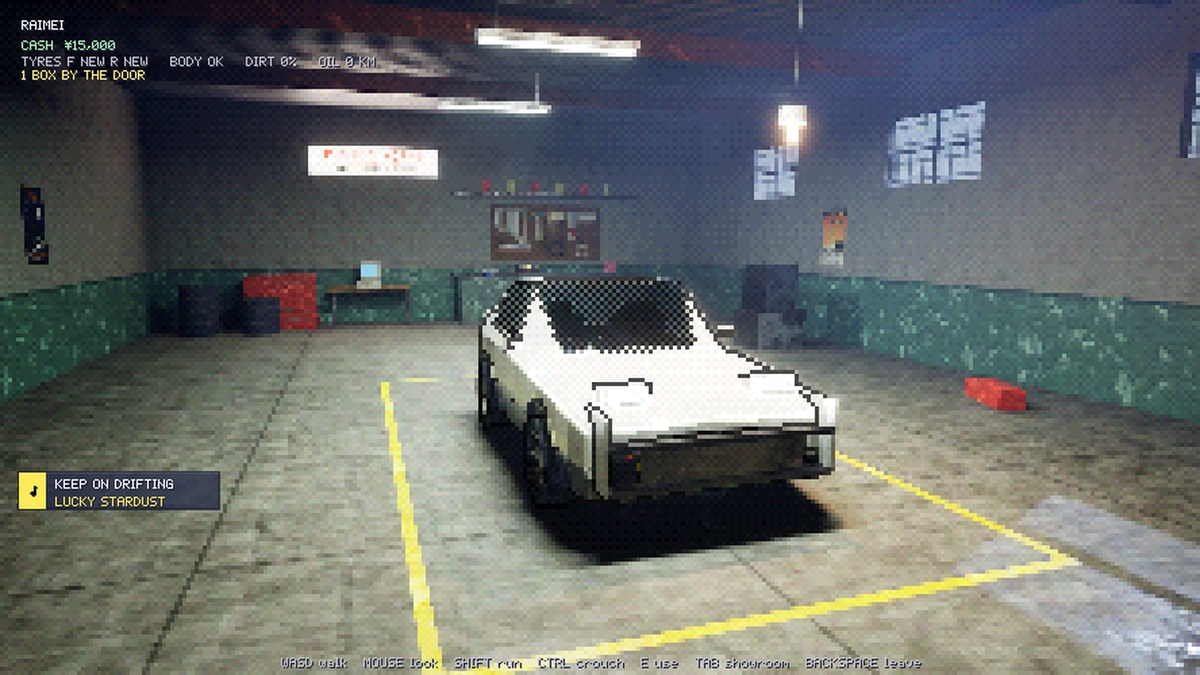 First-person view walking into the garage, the white hatchback under fluorescent tubes