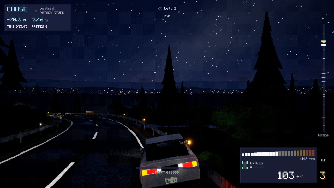 Chasing at night: the race display shows the gap to Aoi S., and the cluster shows four tyre temperature squares and a brake heat bar
