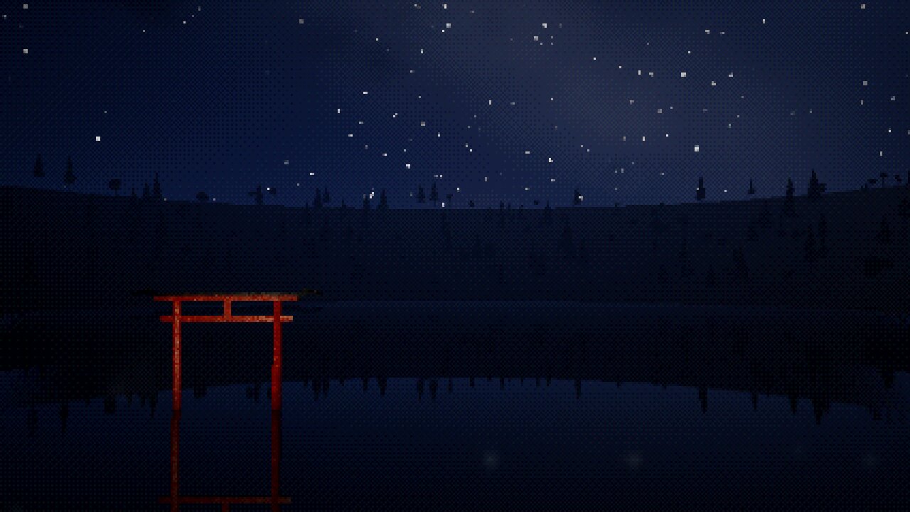 Night on Mt. Kagero: a red torii gate standing in the still summit lake under the stars