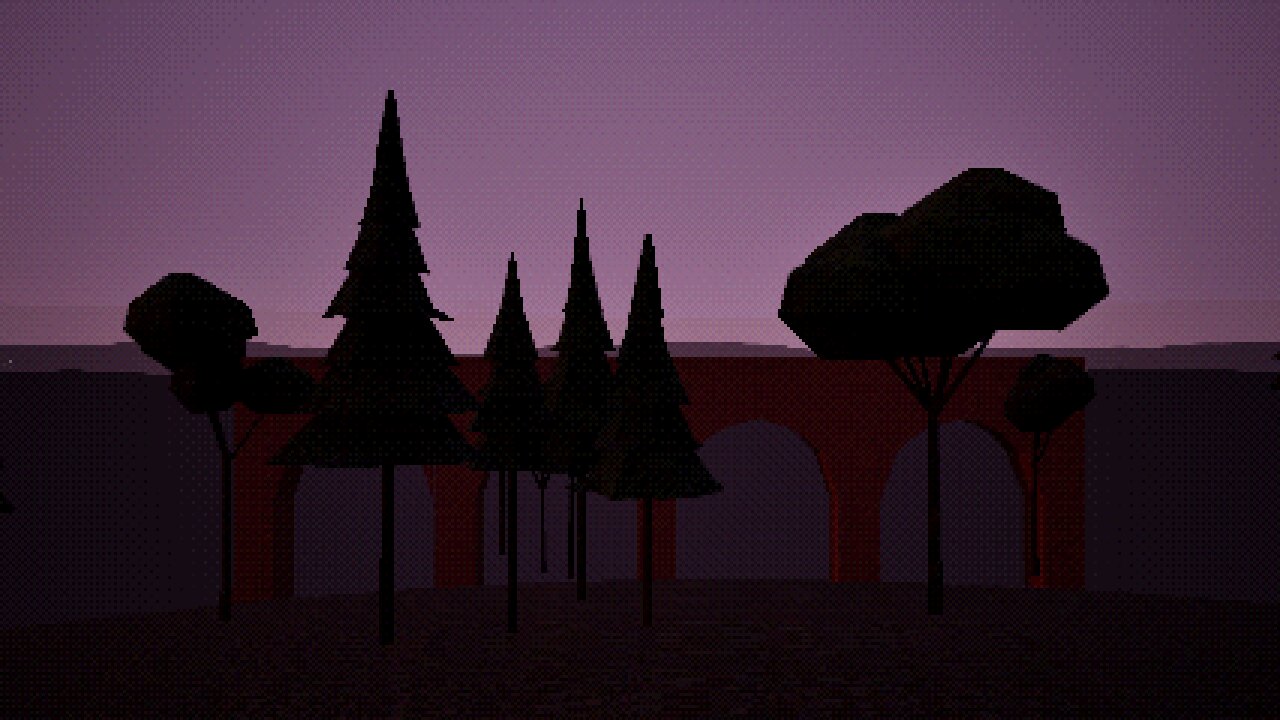 Dusk on the Old Usui Road: the brick railway viaduct behind cedars against a violet sky
