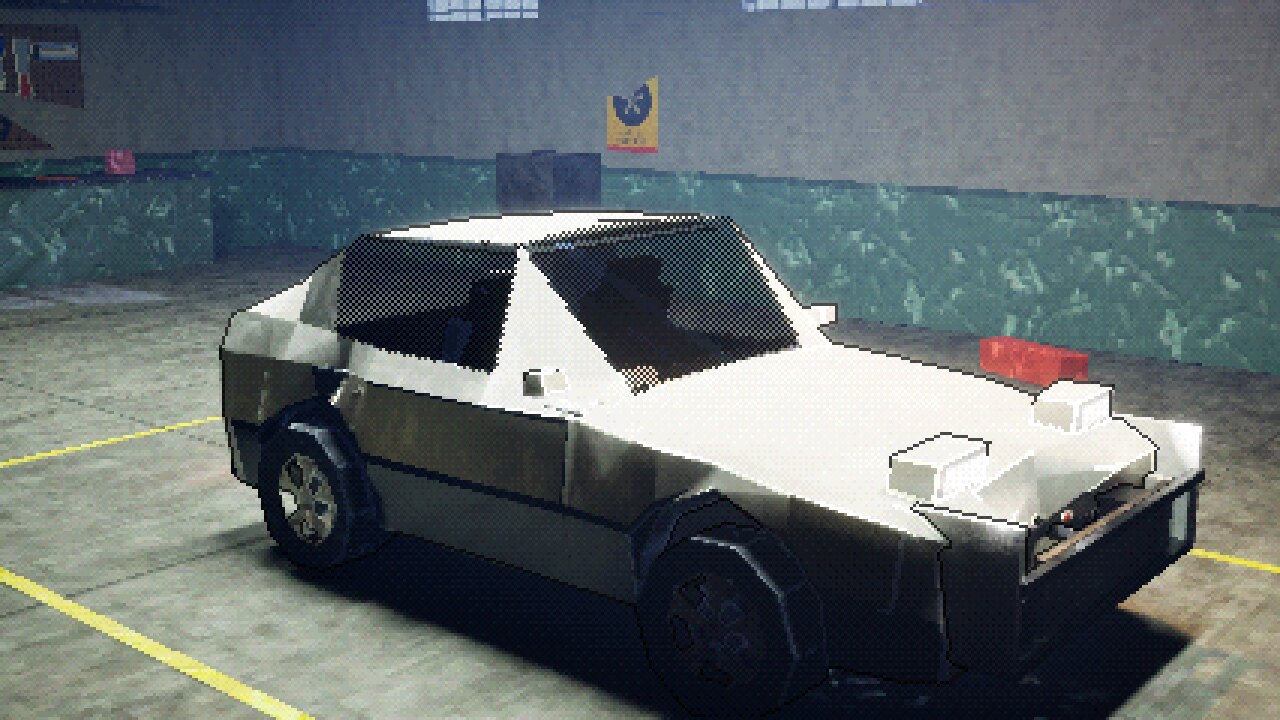 The white hatchback in the garage with a caved-in front corner, scraped paint and grime up the sills